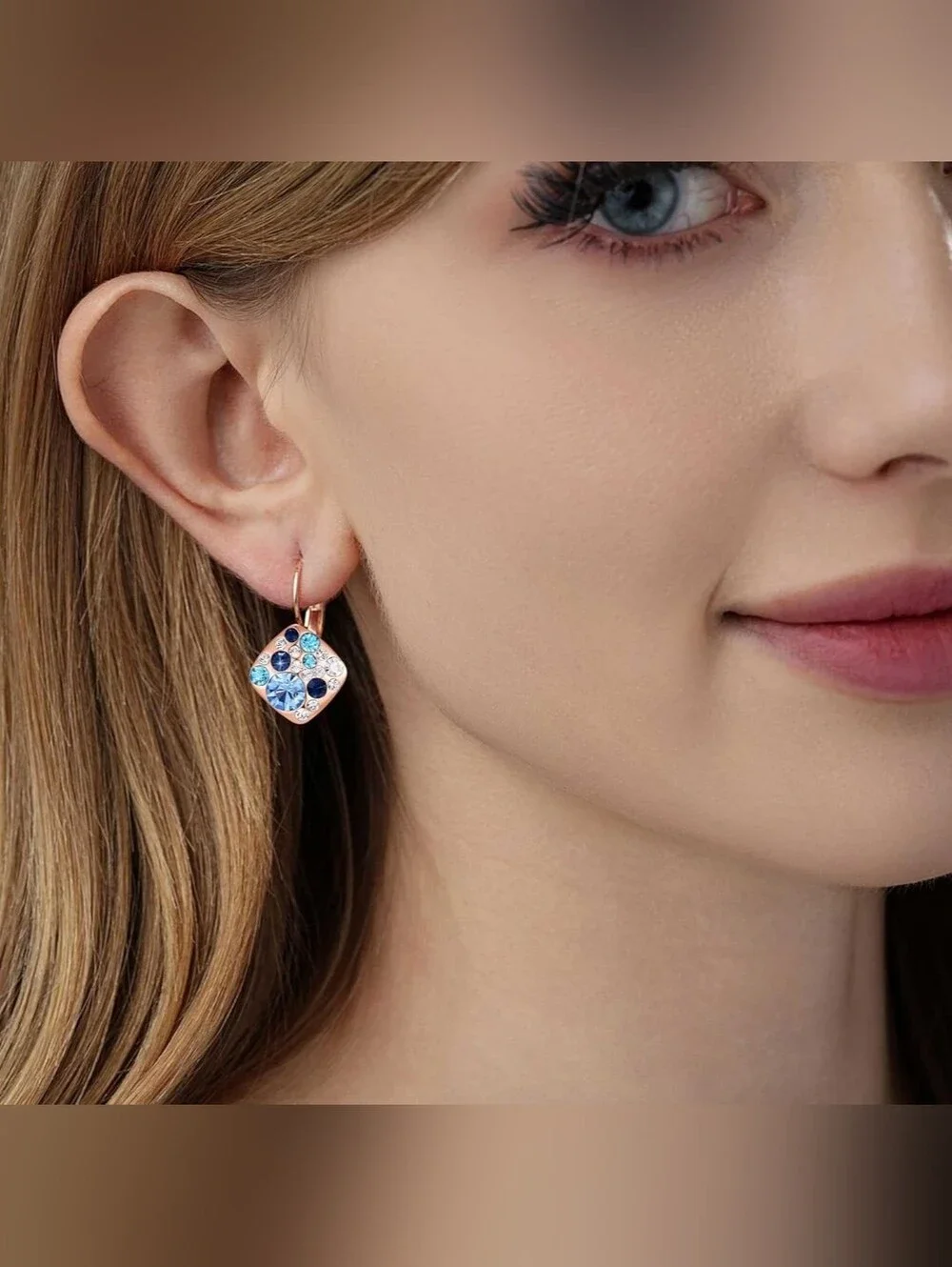 Multicolored Austrian Crystal Square Drop Leverback Huggie Earrings - Picture 2 of 6